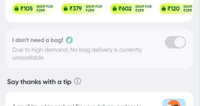 Swiggy's No bag toggle, switched on, with copy saying no bag delivery is currently unavailable